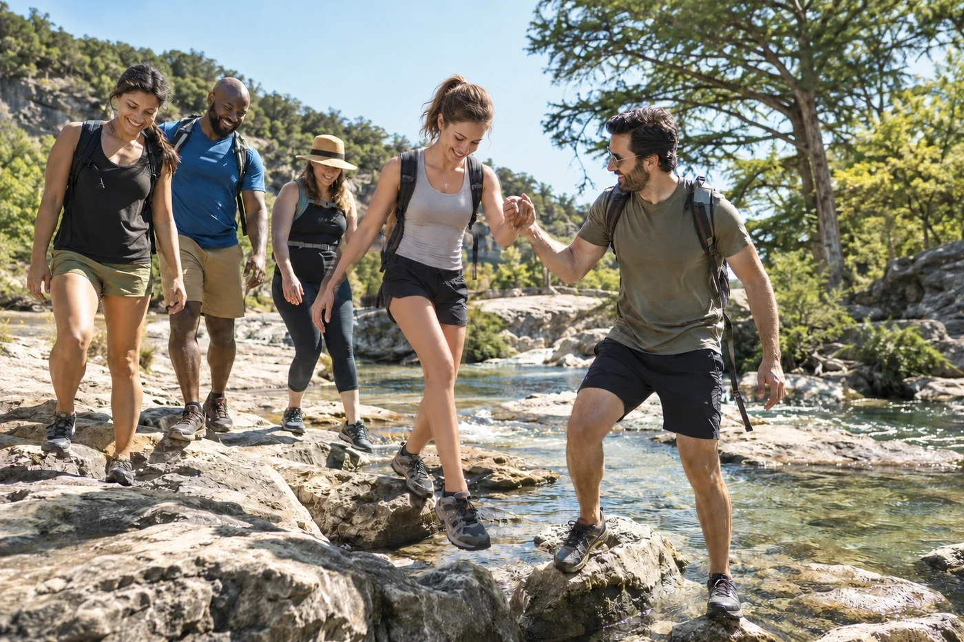 Illustrative image of friends hiking together through a rocky Hill Country stream