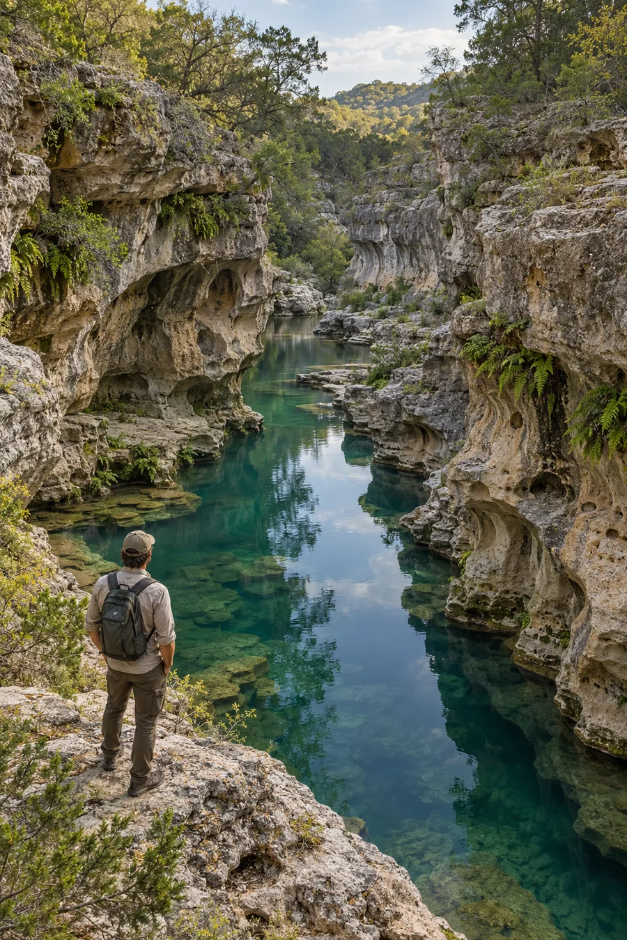 Illustrative scene of a hiker beside a limestone river gorge