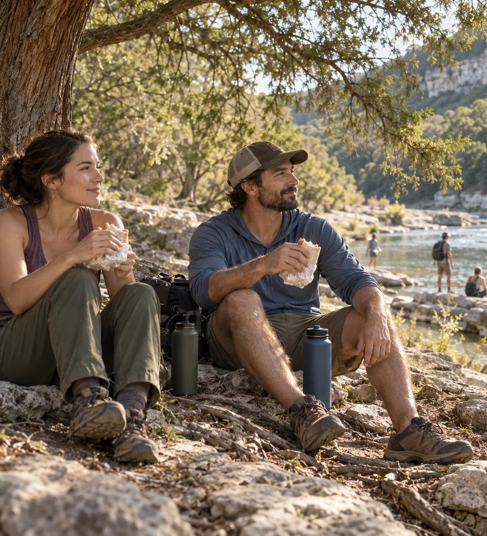 Illustrative scene of hikers sharing a packed lunch under a tree